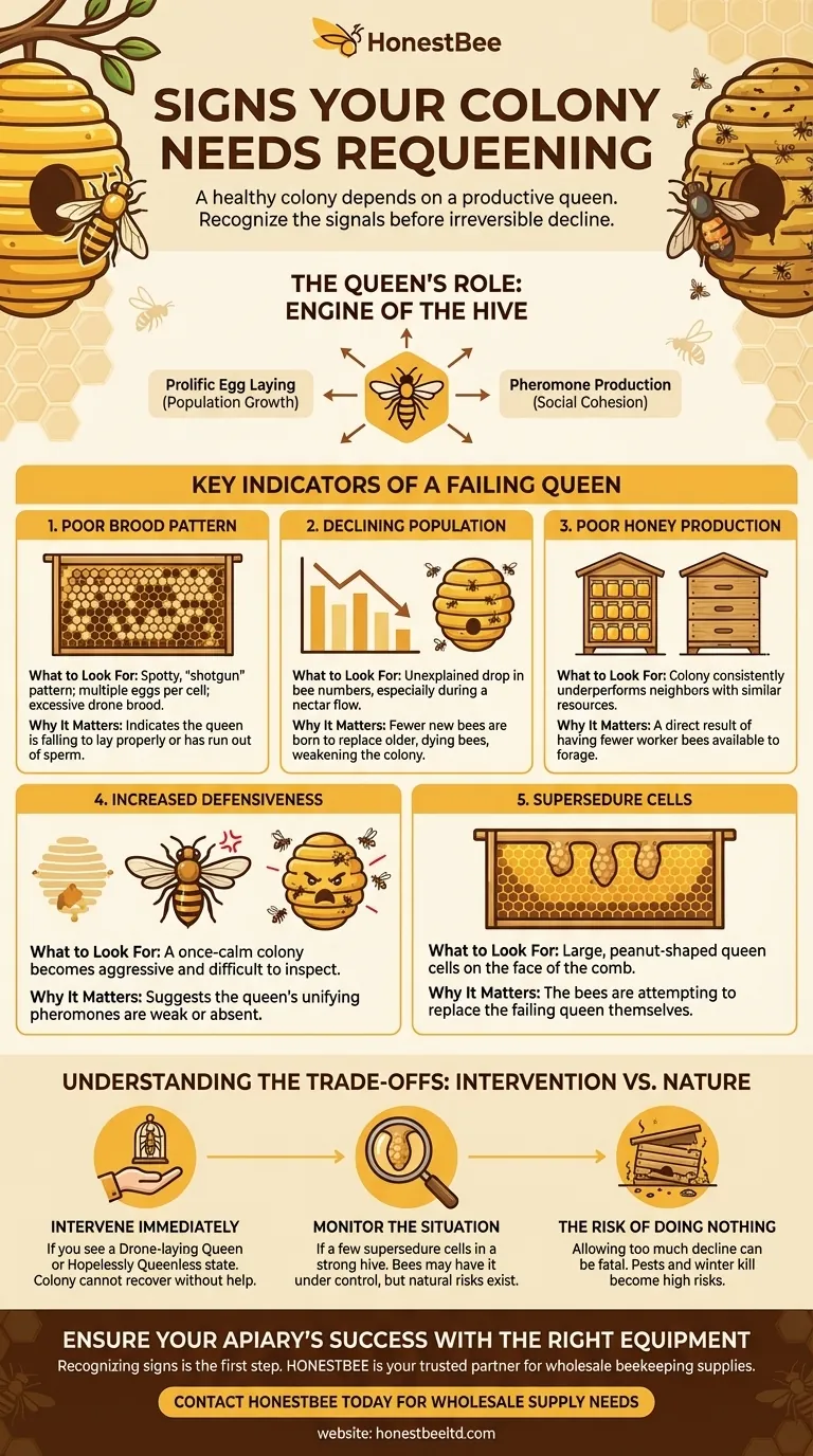 What are the signs that indicate a colony needs requeening? Protect Your Hive's Health and Productivity Visual Guide