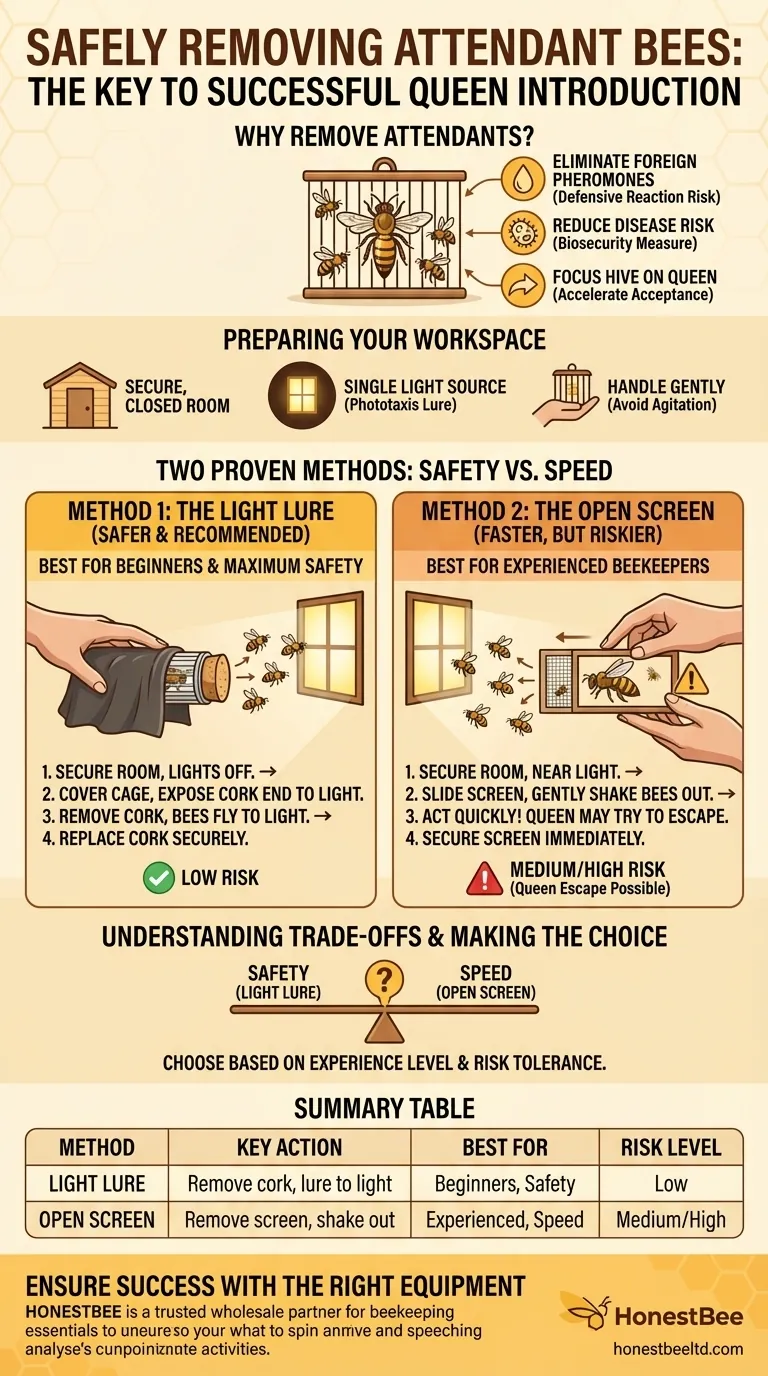 ¿Cuál es el procedimiento para retirar de forma segura las abejas acompañantes de una jaula de reina? Una guía paso a paso para apicultores Guía Visual