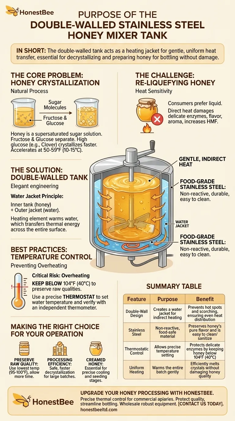 What is the purpose of the double-walled stainless steel tank in the honey mixer? Gentle, Even Heat for Quality Honey Visual Guide