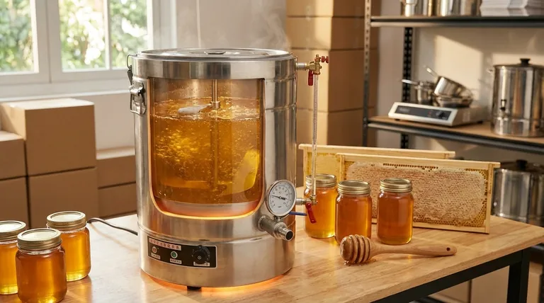 What is the purpose of the double-walled stainless steel tank in the honey mixer? Gentle, Even Heat for Quality Honey