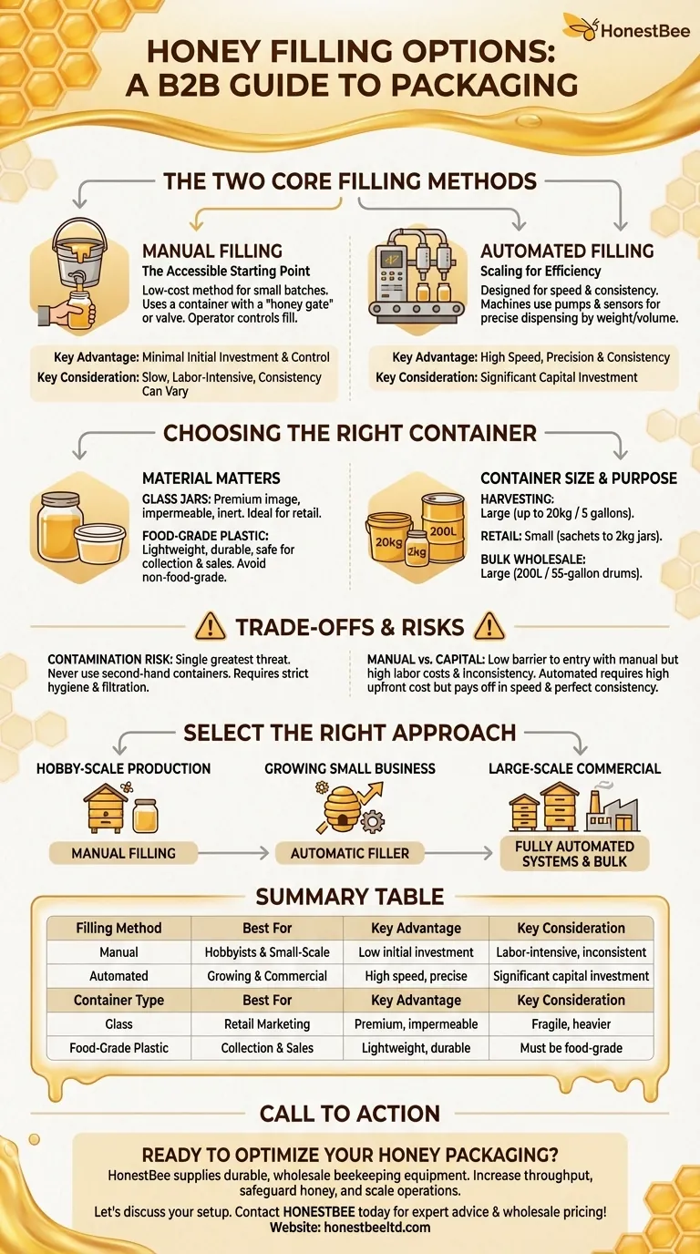 What options are available for filling containers with honey? Scale Your Beekeeping Business Efficiently Visual Guide