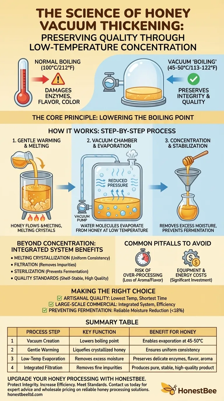 What principle does the honey vacuum thickener use to concentrate honey? Preserve Quality with Low-Temperature Evaporation Visual Guide