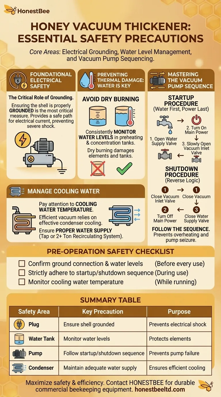 What safety precautions should be taken when operating the honey vacuum thickener? Protect Your Apiary Investment Visual Guide