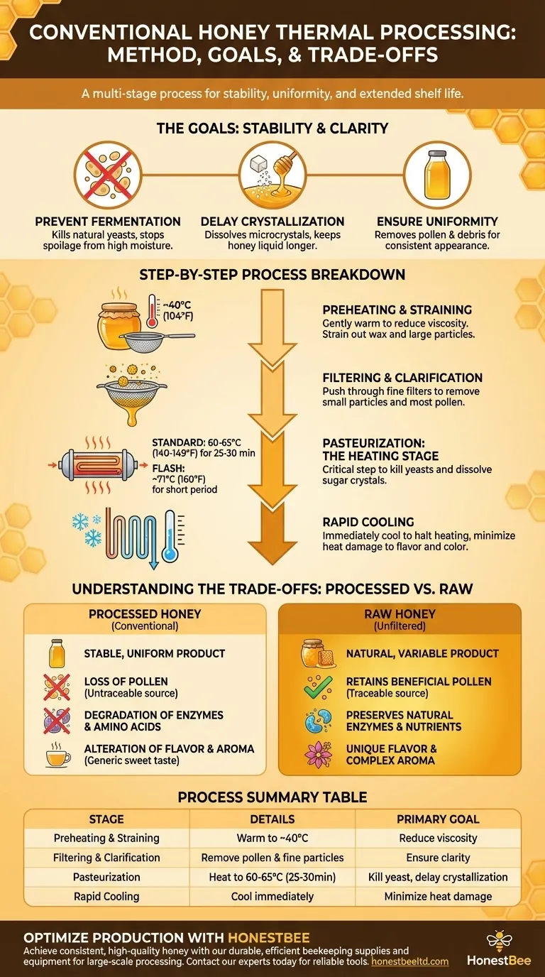What is the conventional thermal processing method for honey? A Guide to Commercial Honey Production Visual Guide