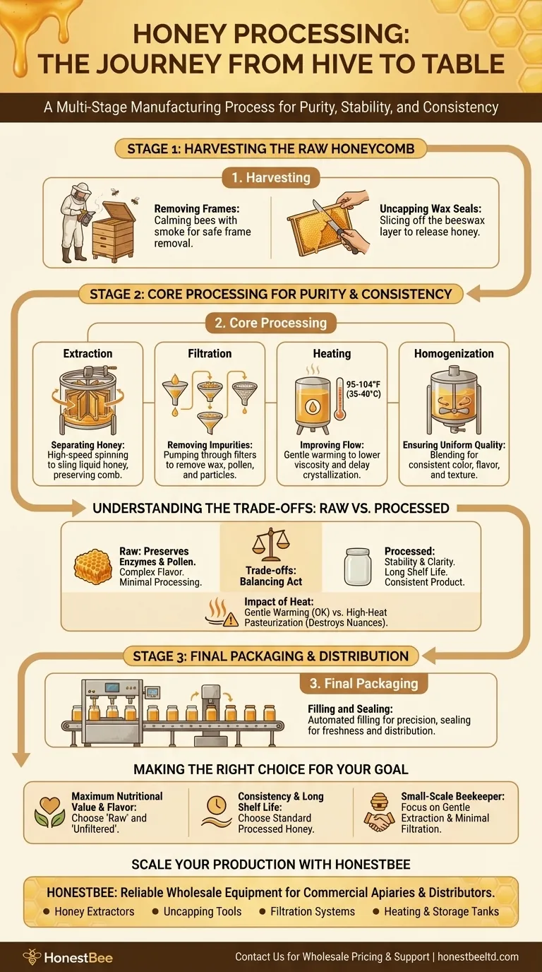 What are the steps involved in the honey processing manufacturing process? From Hive to Table Visual Guide