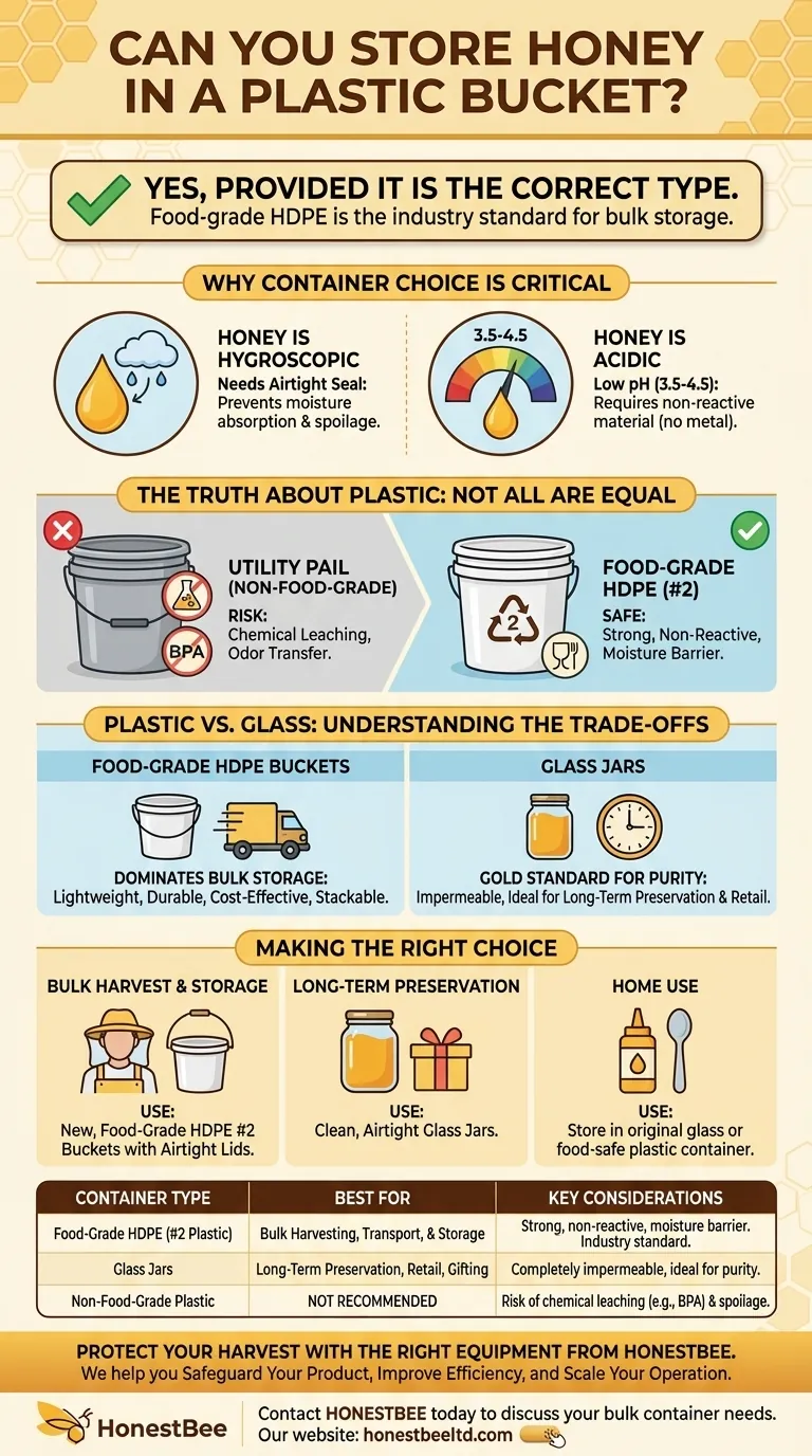 Can you store honey in a plastic bucket? Yes, with the right food-grade HDPE. Visual Guide