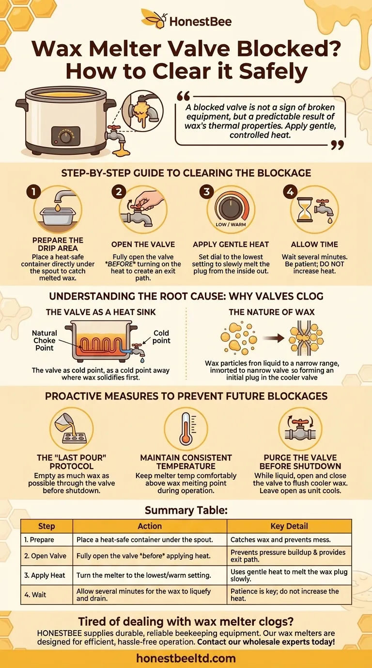 What should be done if wax cools and causes a blockage in the valve of the wax melter? Clear It Safely & Prevent It Visual Guide