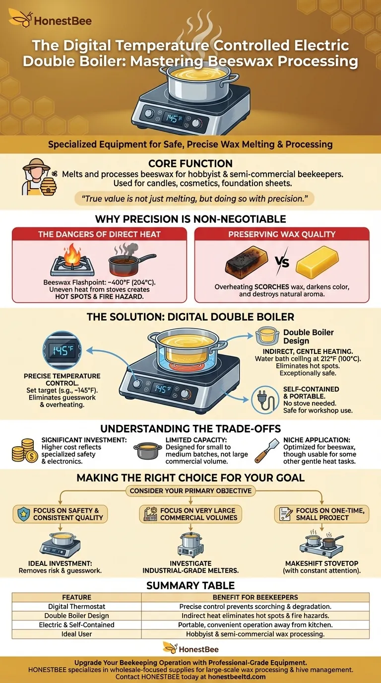 What is the primary use of the digital temperature controlled electric double boiler? Safely Melt Beeswax with Precision Visual Guide