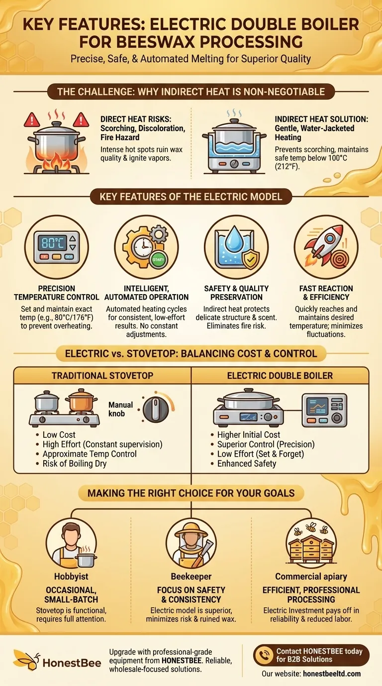 What are the key features of the electric double boiler for beeswax processing? Achieve Perfect, Safe Melting Every Time Visual Guide
