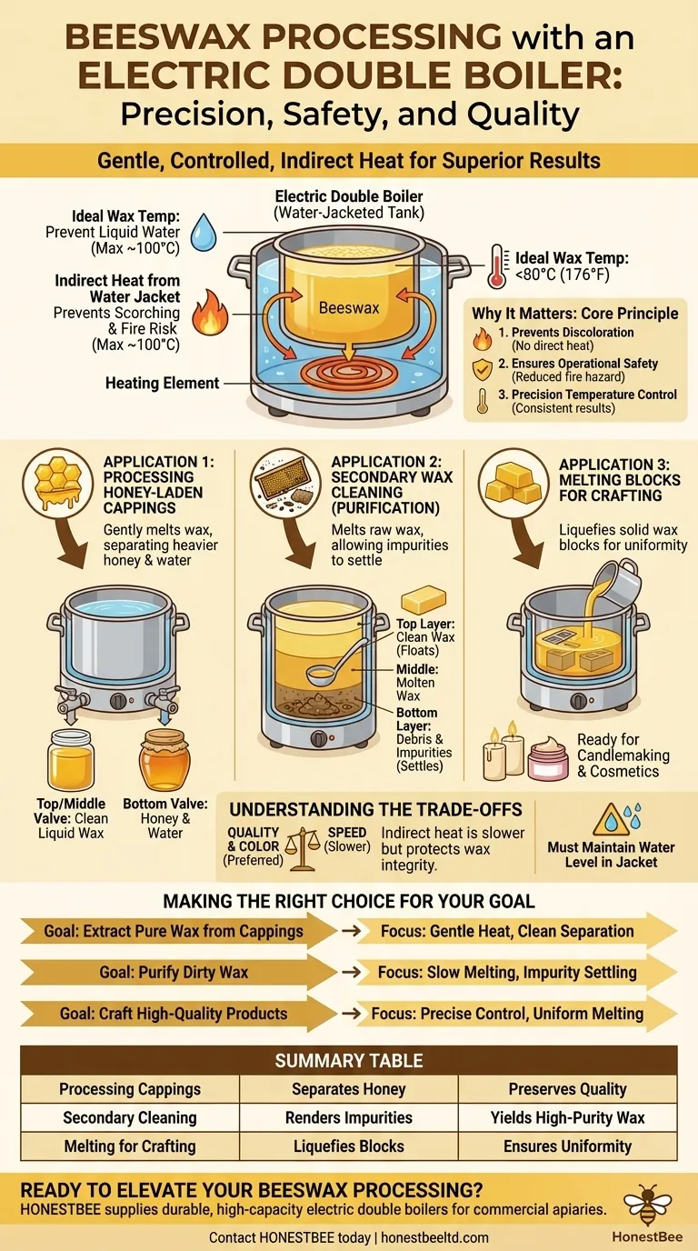 ما هي التطبيقات الرئيسية الثلاثة للمرجل المزدوج الكهربائي في معالجة شمع العسل؟ ضمان النقاء والسلامة دليل مرئي