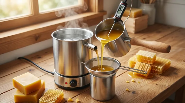What is the recommended maximum temperature setting for processing beeswax in the electric double boiler? Melt Wax Safely at 80°C