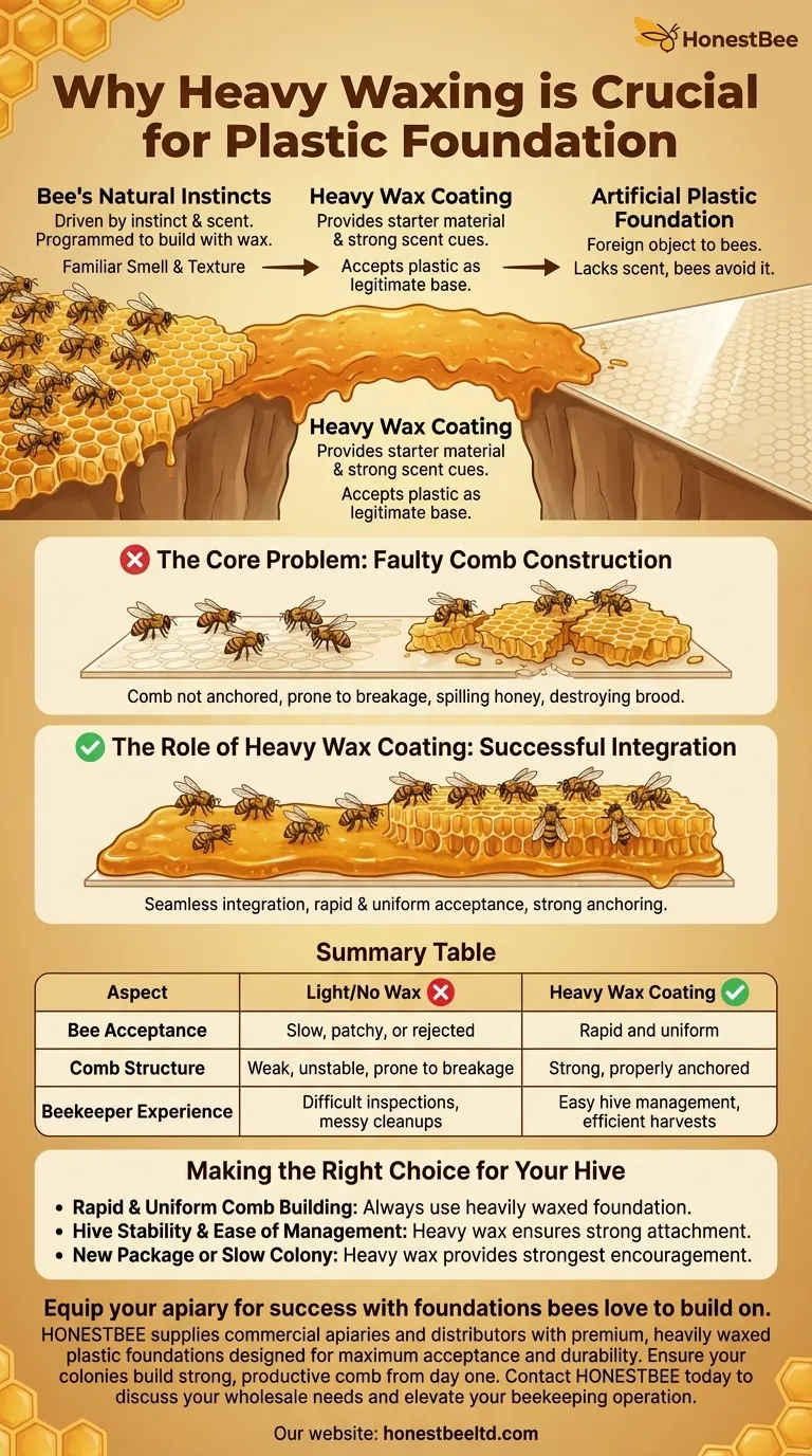 Why is heavy waxing important for plastic foundation? Ensure Rapid, Uniform Comb Building Visual Guide