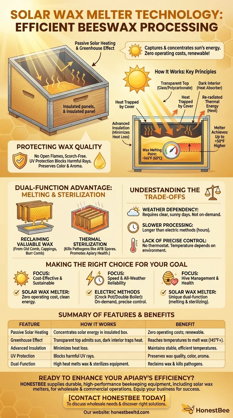What technology is used in the Solar Wax Melter to melt beeswax? Harnessing Sun-Powered Efficiency Visual Guide
