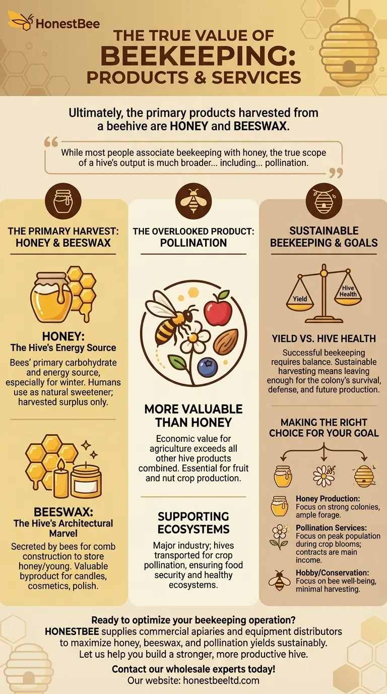 What are the main products obtained from beekeeping? Honey, Beeswax, and Vital Pollination Services Visual Guide