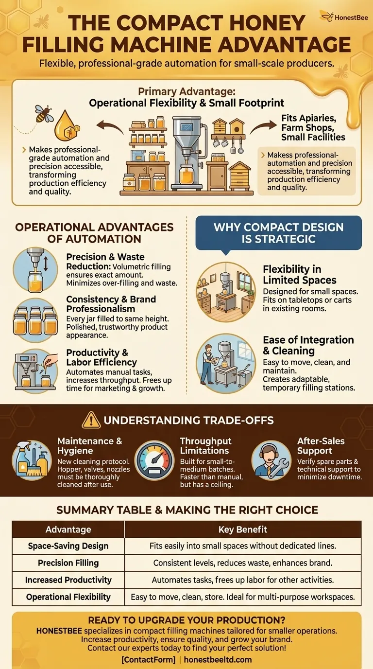 What is the advantage of the compact size of the honey filling machine? Maximize Efficiency in Limited Spaces Visual Guide