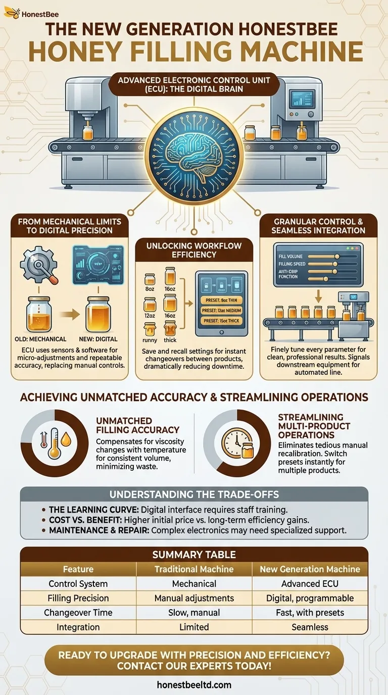What is a key feature of the new generation of the honey filling machine? The Advanced Electronic Control Unit Visual Guide