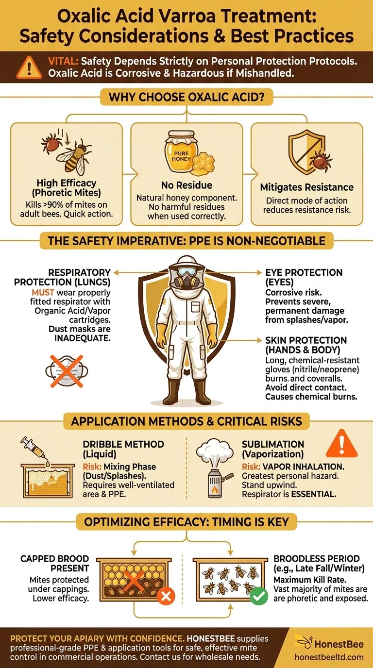 What are the safety considerations for using oxalic acid in Varroa treatment? Ensure Beekeeper and Hive Safety Visual Guide