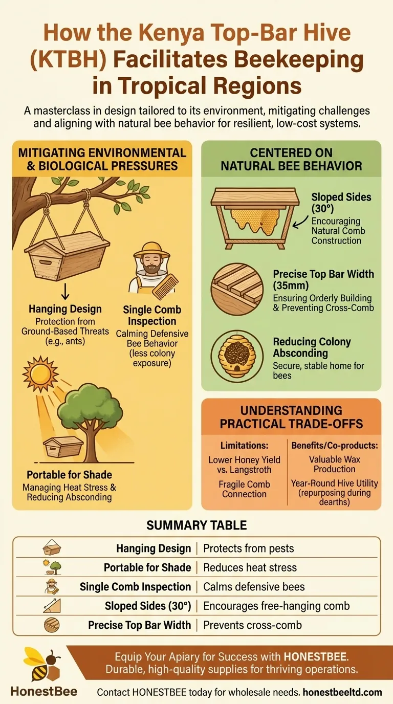 How does the design of the Kenya Top-Bar Hive (KTBH) facilitate beekeeping in tropical regions? A Guide to Resilient Beekeeping Visual Guide