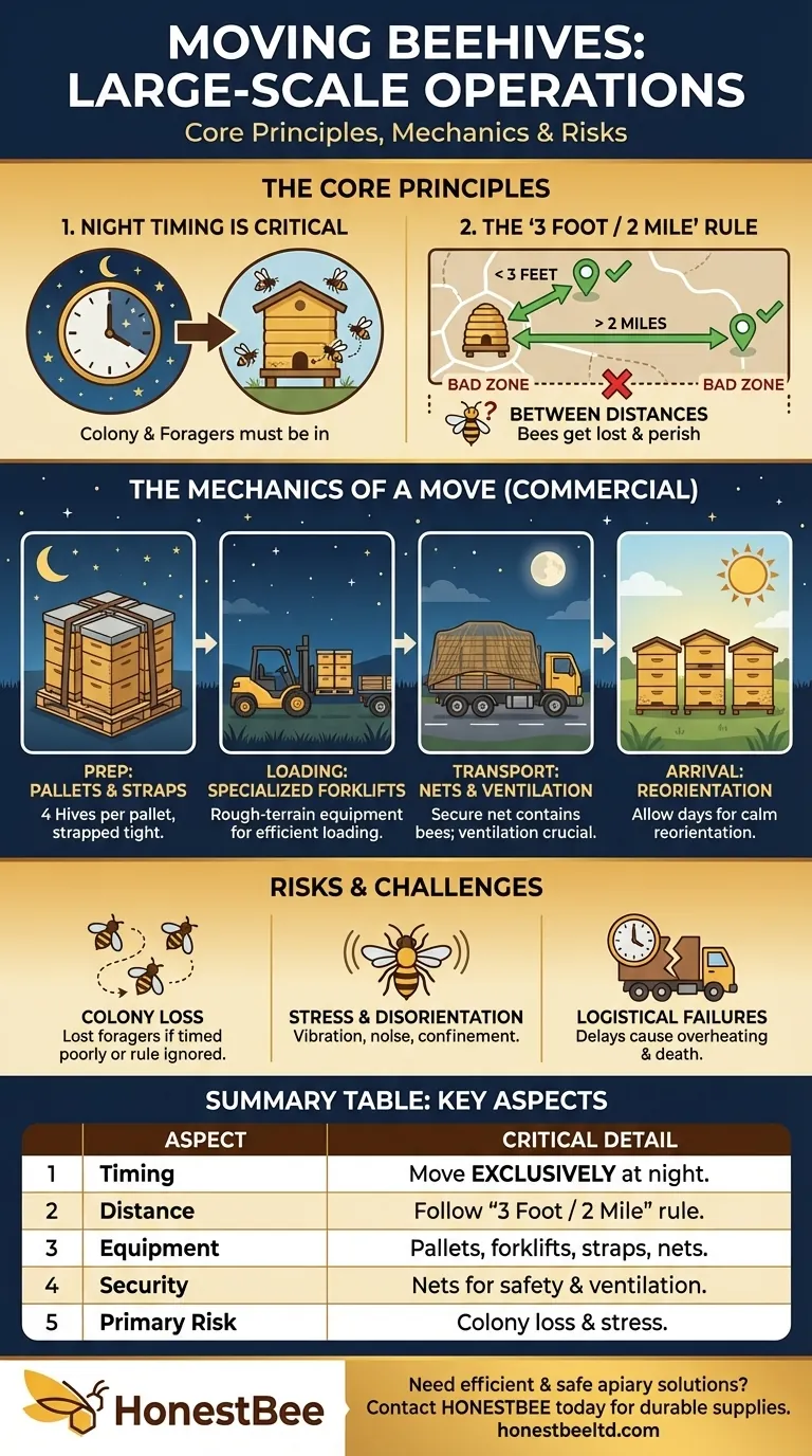 How are beehives typically moved, especially in large-scale operations? A Guide to Safe & Efficient Relocation Visual Guide