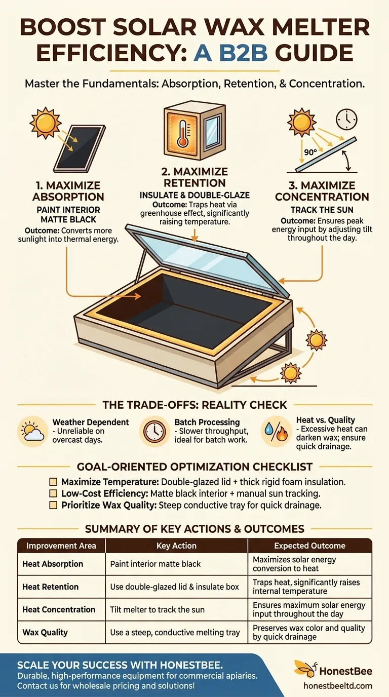How can the efficiency of a solar wax melter be improved? Maximize Heat Absorption & Retention Visual Guide