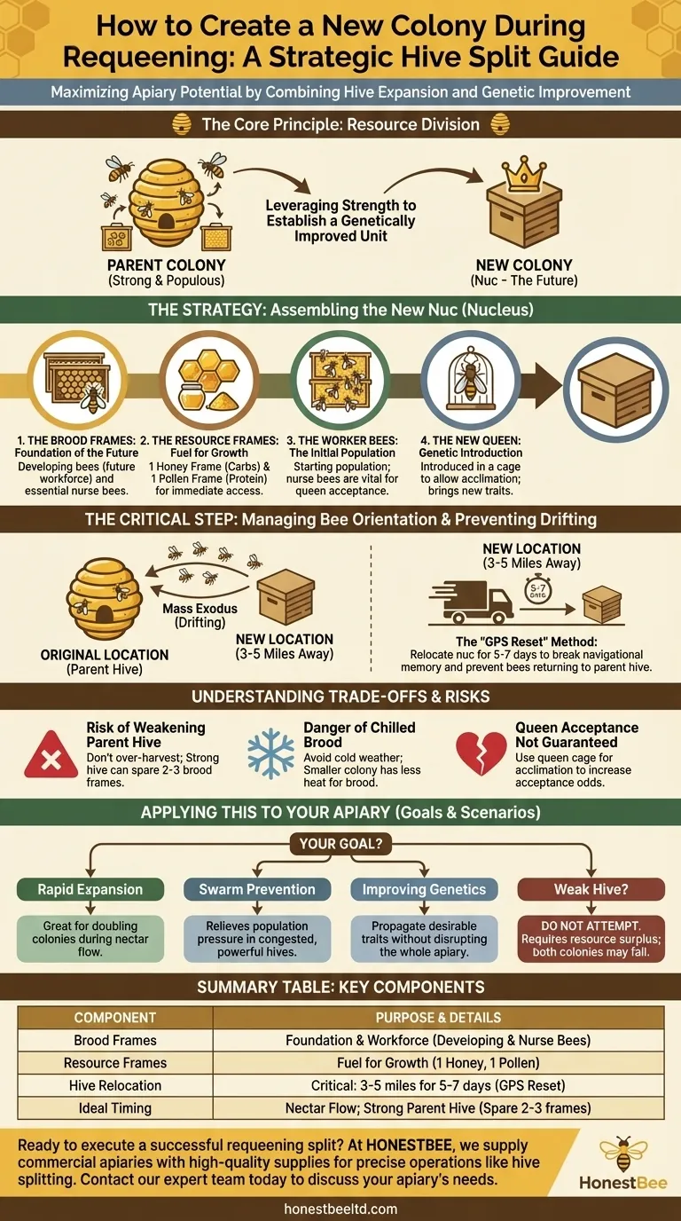 How can a beekeeper create a new colony during requeening? A Guide to Successful Hive Splitting Visual Guide
