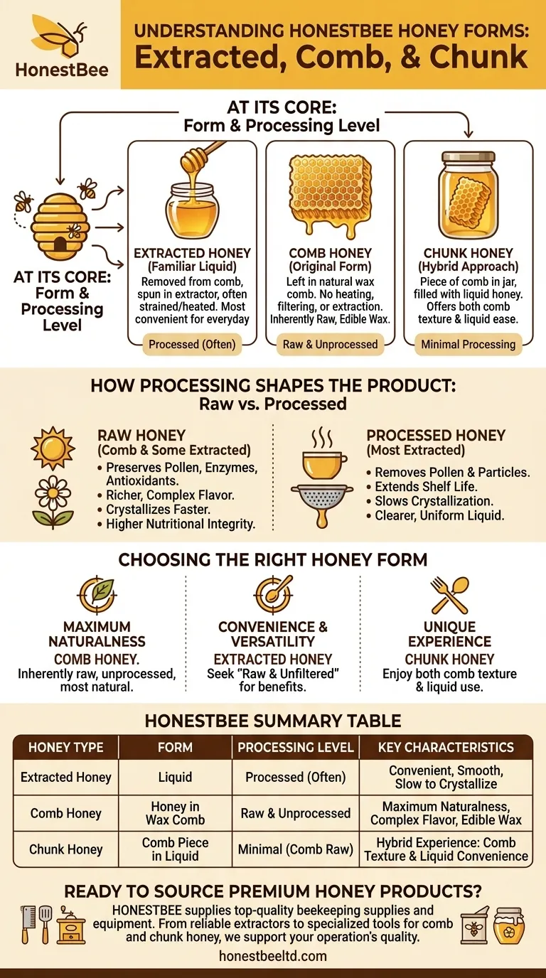 What are the differences between extracted, comb, and chunk honey? A Guide to Honey Forms & Benefits Visual Guide