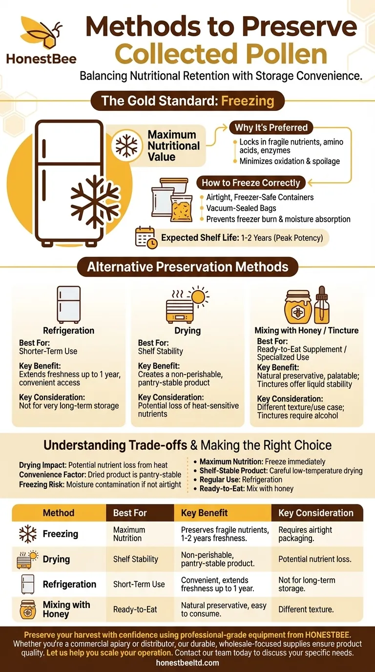 What are some methods to preserve collected pollen? Freeze, Dry, or Mix with Honey Visual Guide