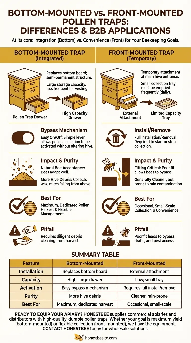 What are the differences between bottom-mounted and front-mounted pollen traps? Choose the Right Tool for Your Harvest. Visual Guide