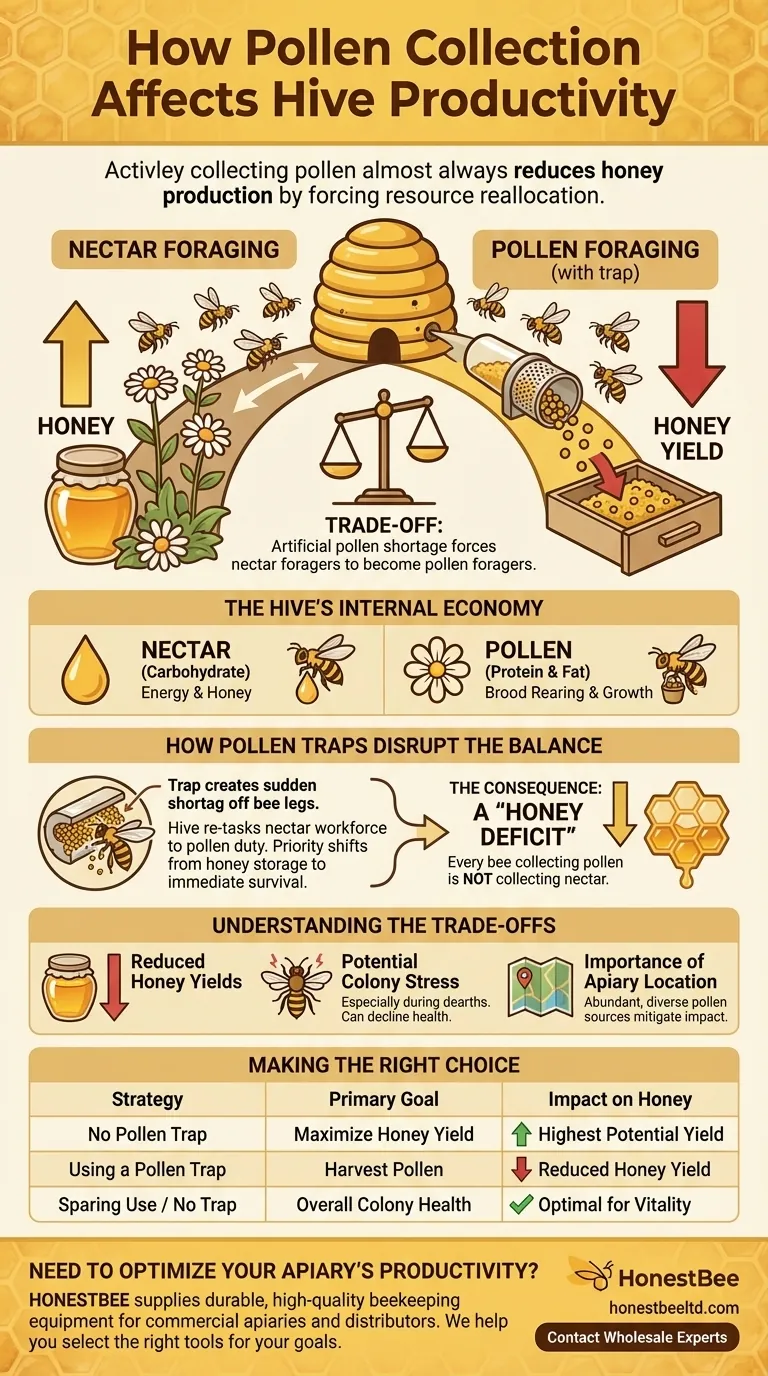 In che modo la raccolta del polline influisce sulla produttività dell'alveare? Spiegazione del compromesso sulla resa del miele Guida Visiva