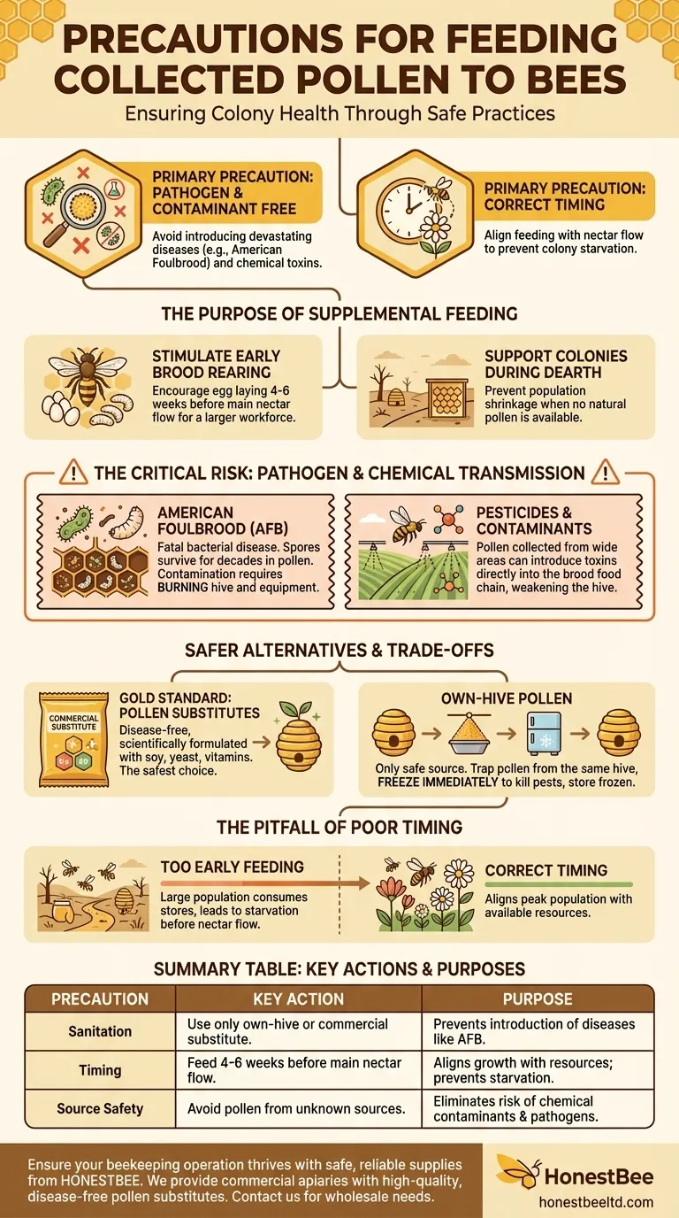 What precautions should be taken when feeding collected pollen back to bees? Ensure Colony Health and Safety Visual Guide