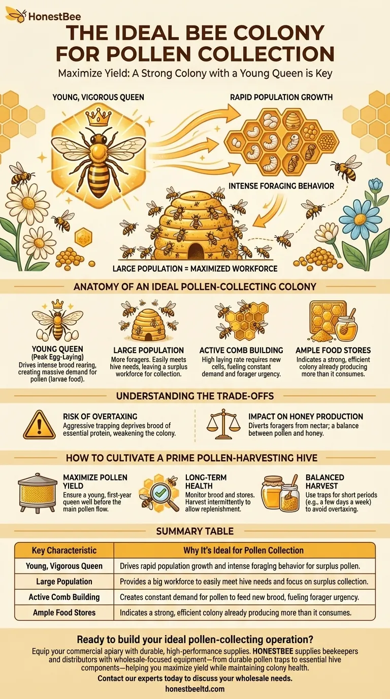 What type of colony is ideal for pollen collection? Maximize Your Harvest with a Strong, Young Queen Visual Guide
