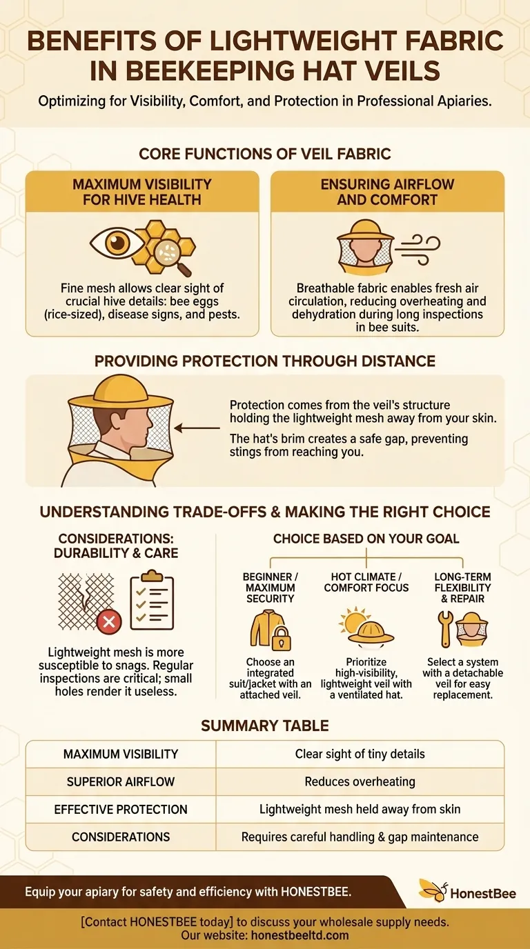 What are the benefits of the lightweight fabric used in the beekeeping hat veil? Enhanced Visibility & Comfort for Hive Work Visual Guide