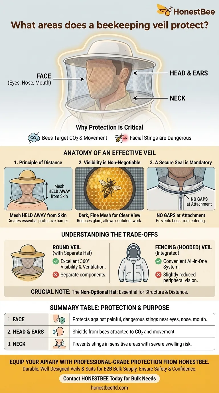 Quais áreas um véu de apicultura protege? Segurança essencial para a cabeça e o rosto dos apicultores Guia Visual