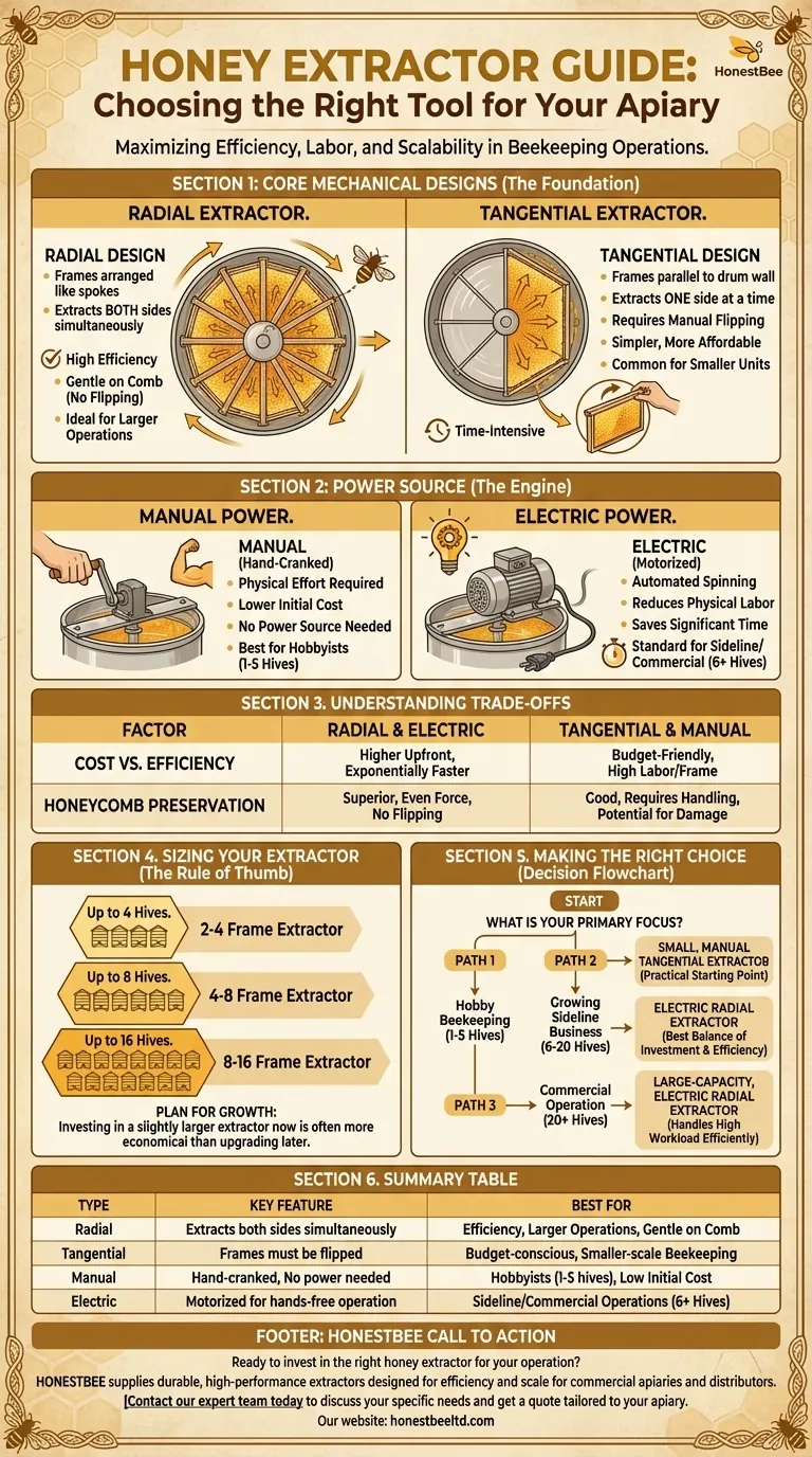 What are the main types of honey extractors? A Guide to Radial, Tangential, Manual & Electric Visual Guide