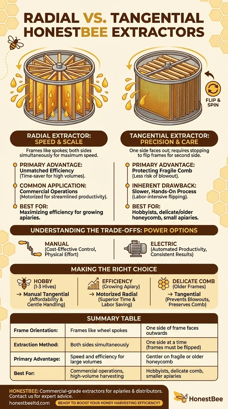 How does a radial honey extractor differ from a tangential one? Choose the Right Extractor for Your Apiary Visual Guide