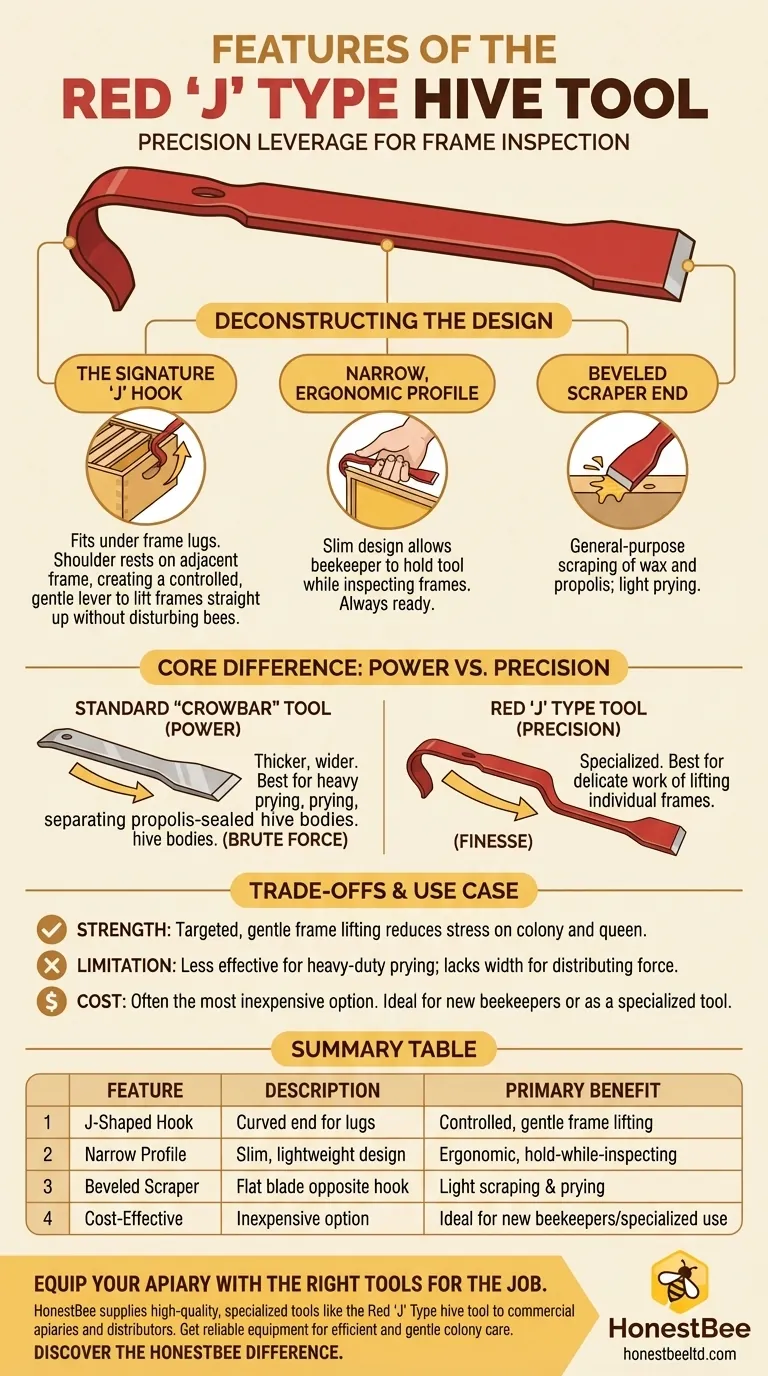 What are the features of the Red 'J' Type hive tool? Precision Frame Lifting for Gentle Beekeeping Visual Guide