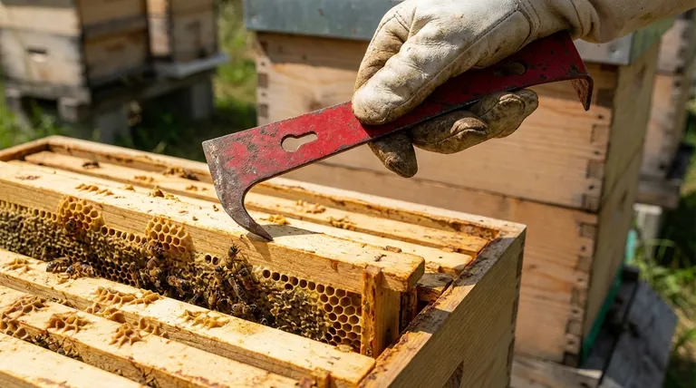 What are the features of the Red 'J' Type hive tool? Precision Frame Lifting for Gentle Beekeeping