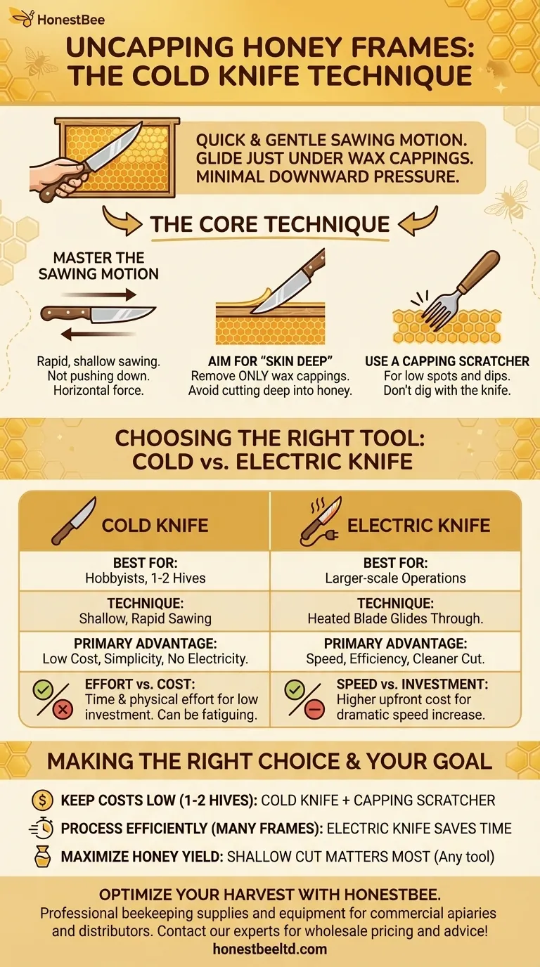 How should a cold knife be used to uncap honey frames? Master the Sawing Motion for a Clean Harvest Visual Guide