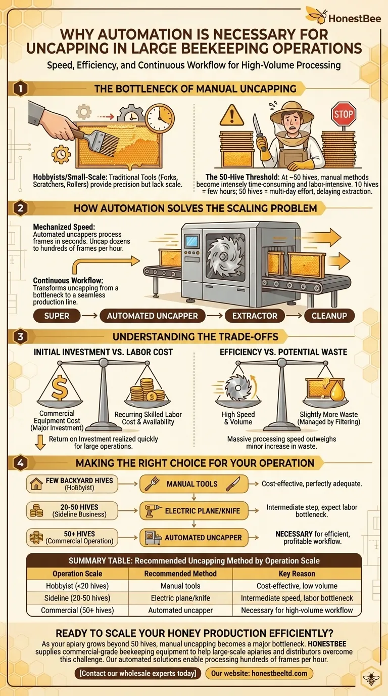 Why might automation be necessary for uncapping honey frames in larger beekeeping operations? Scale Your Apiary Efficiently Visual Guide