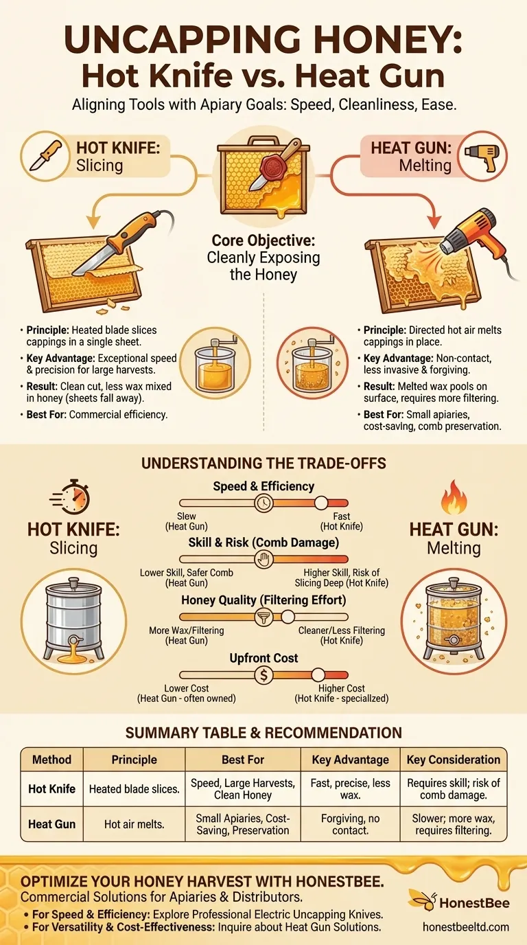 Qual é o objetivo de comparar os métodos da faca quente e da pistola de ar quente para descapsular favos de mel? Guia Visual