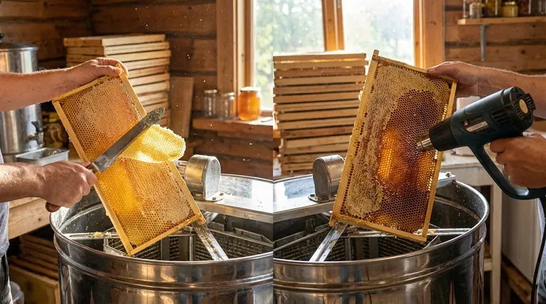 Какова цель сравнения методов распакетирования с помощью горячего ножа и тепловой пушки для медовых рамок?