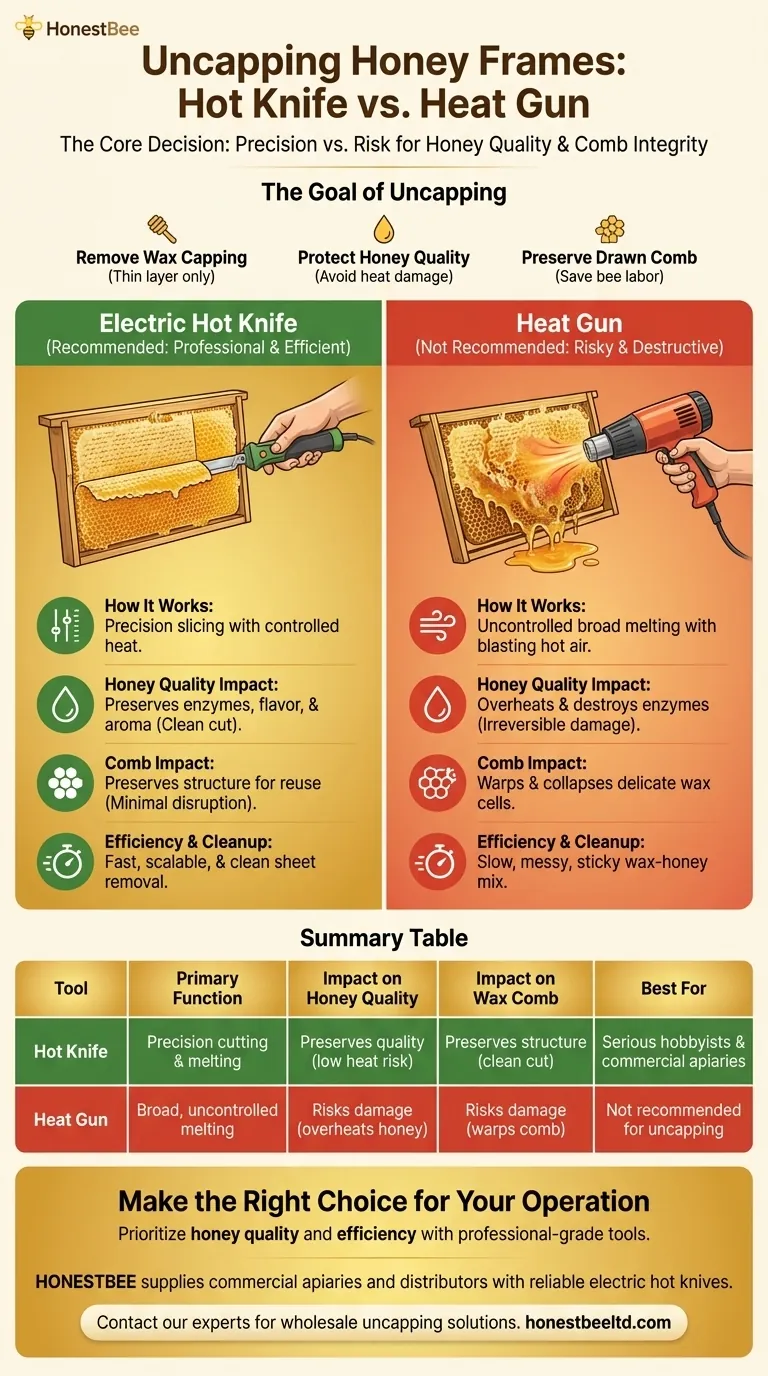 Quais são as principais considerações ao escolher entre uma faca quente e uma pistola de ar quente para desencapsular favos de mel? Escolha a Ferramenta Certa para uma Colheita de Qualidade Guia Visual