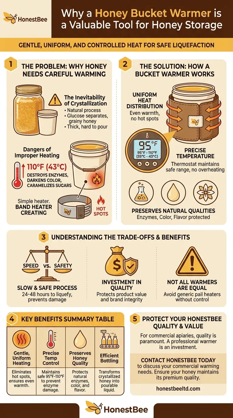 Why is a honey bucket warmer considered a valuable tool for honey storage? Preserve Quality & Streamline Bottling Visual Guide