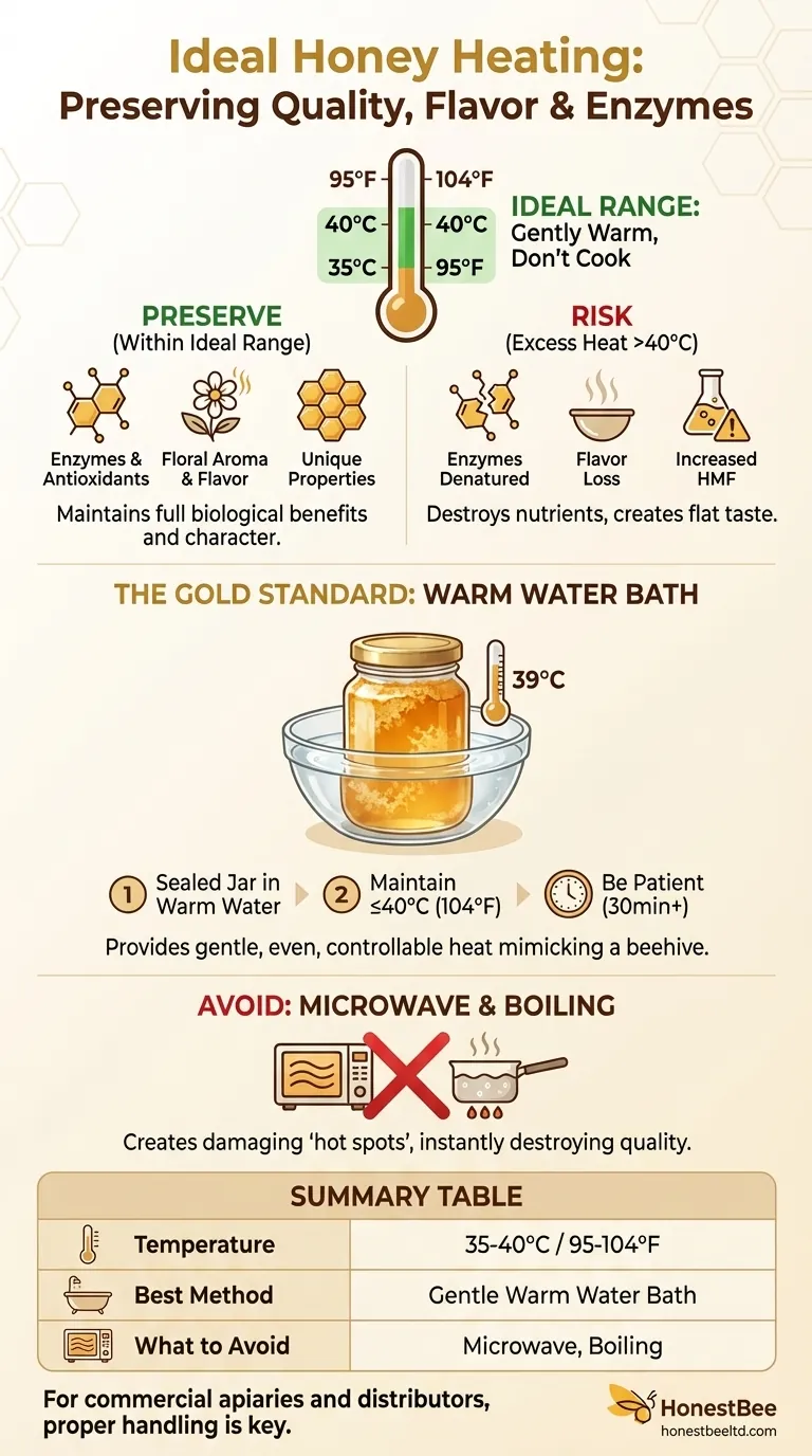 What is the ideal temperature range for heating honey to maintain its quality? Preserve Enzymes & Flavor Visual Guide
