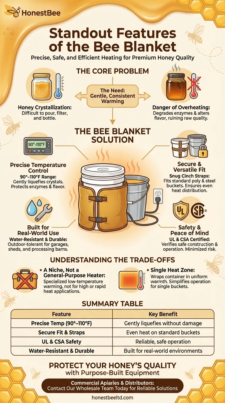 What are the standout features of the Bee Blanket? Gentle, Precise Honey Warming for Beekeepers Visual Guide