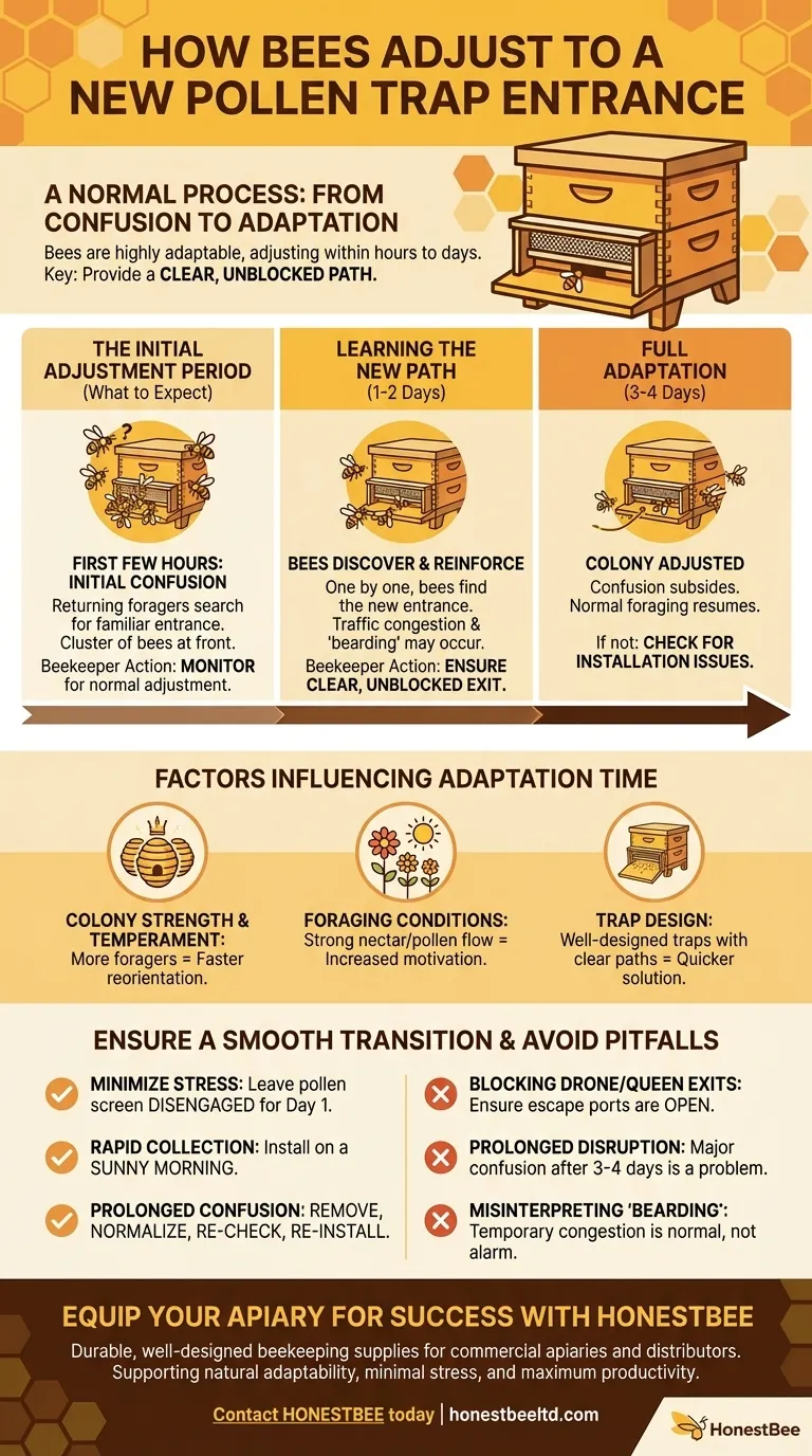 How do bees adjust to a new pollen trap entrance? Ensure a Smooth Transition for Your Hive Visual Guide