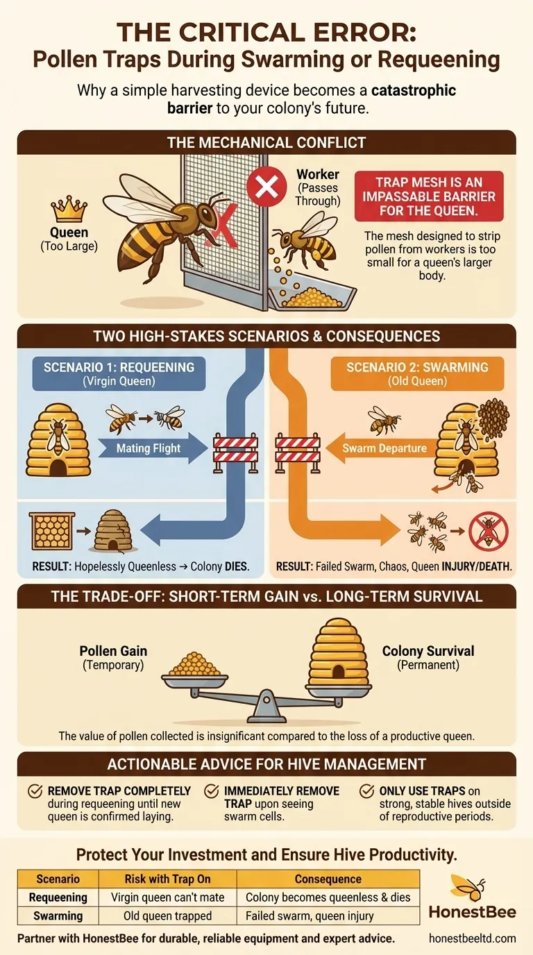 Why should beekeepers avoid swarming or requeening with a pollen trap on? Prevent Queen Loss and Colony Collapse Visual Guide