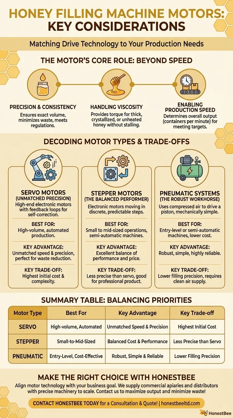 What should be considered regarding motors when selecting a honey filling machine? Match Motor Type to Your Production Needs Visual Guide