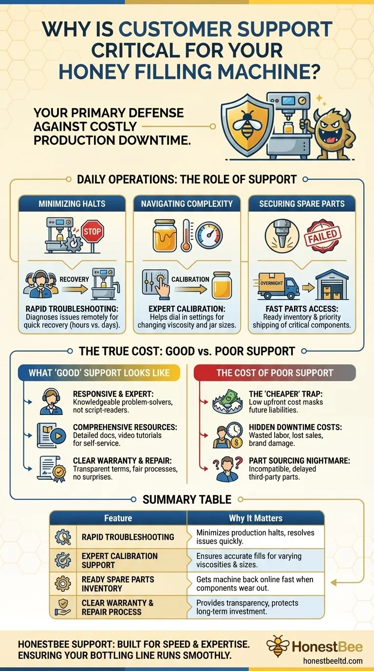 Why is customer support important when purchasing a honey filling machine? Ensure Maximum Uptime for Your Bottling Line Visual Guide