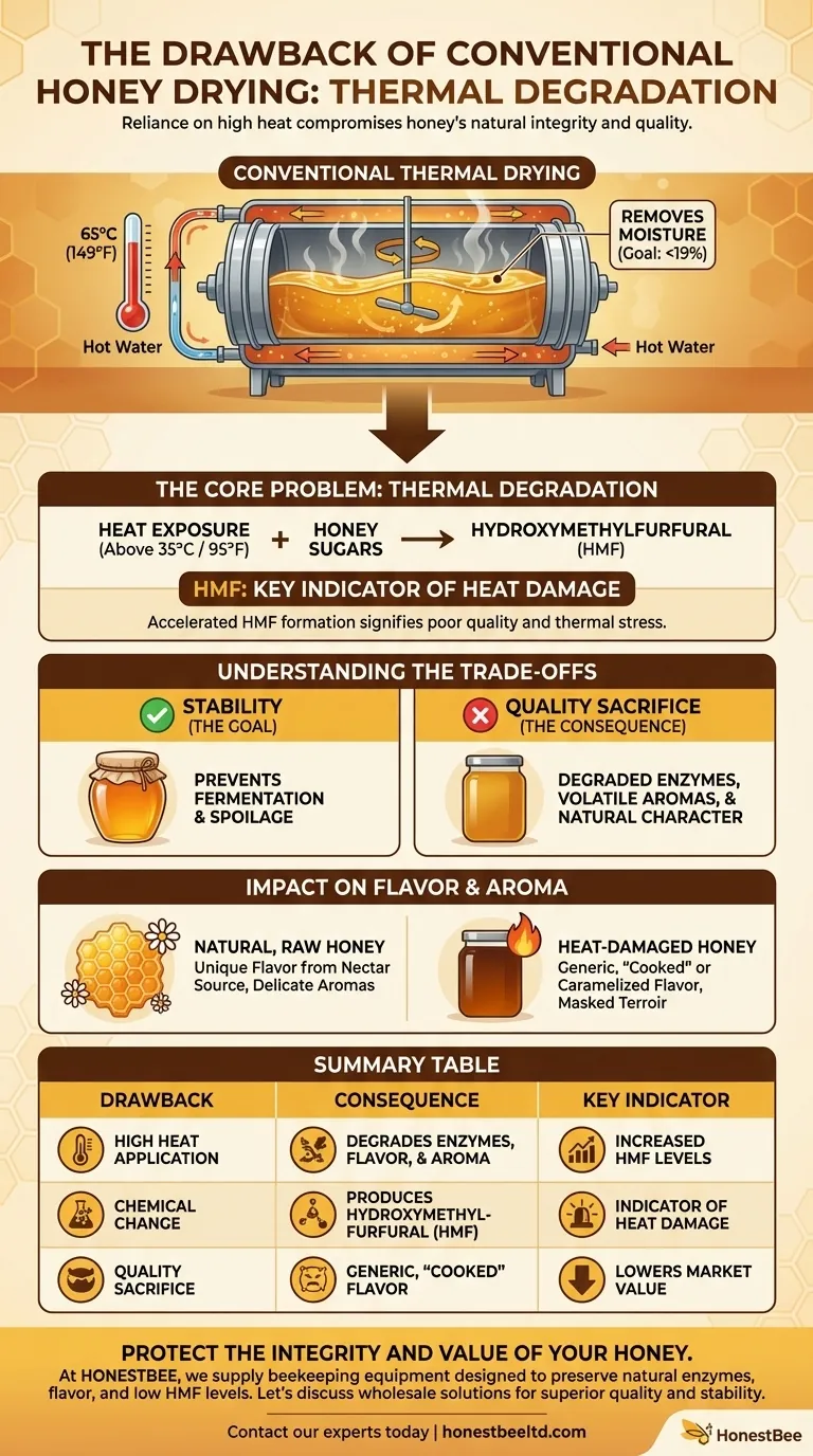 What is the drawback of the conventional honey drying method? It Compromises Honey Quality with High Heat Visual Guide